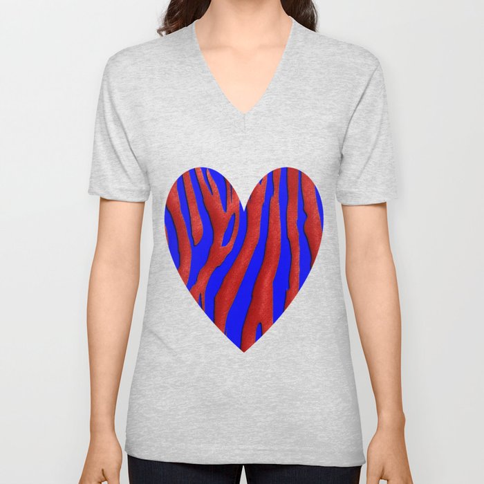 Bright Blue & Red Zebra Print V Neck T Shirt