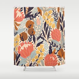 Protea and eucalyptus leaves pattern. Seamless motif. Vintage illustration Shower Curtain
