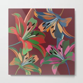 Lily - Colorful Floral Bouquet Art Pattern on Dark Red Metal Print