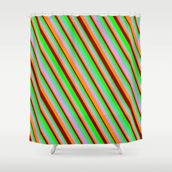 Lime, Aquamarine, Plum, Dark Orange & Dark Red Colored Lines/Stripes Pattern Shower Curtain