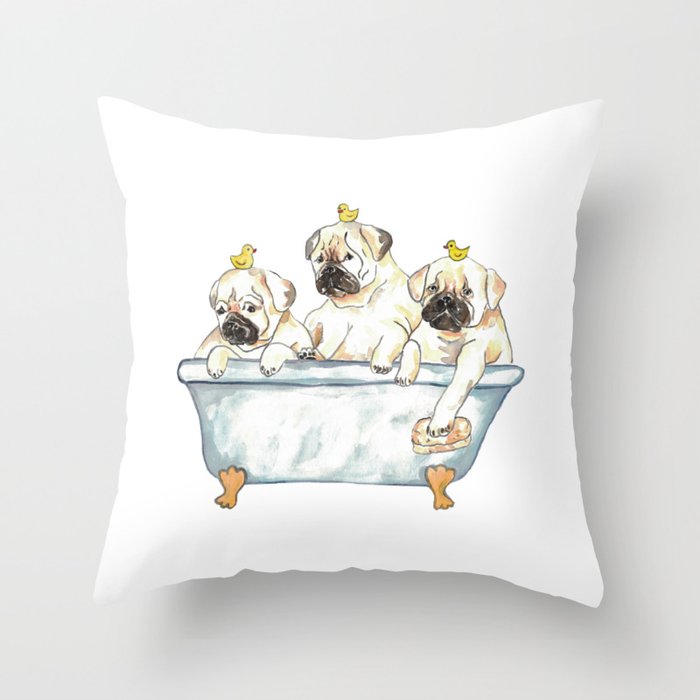 Pug taking bath watercolor painting Throw Pillow
