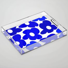 Large Blue Retro Flowers White Background Fresh Blue And White  #decor #society6 #buyart Acrylic Tray