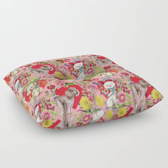 Pets celebrate Valentine's Day - Animal & Floral Pattern - Pink Floor Pillow