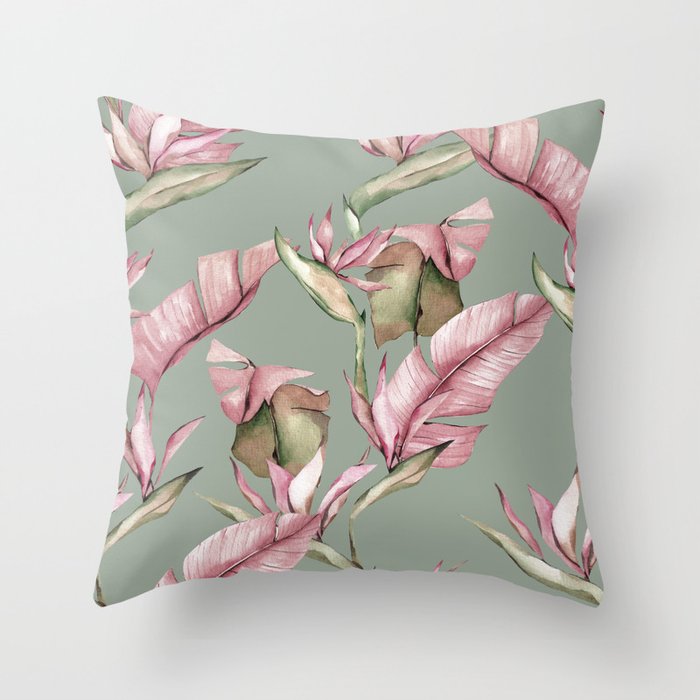 Birds of Paradise, Watercolor, Tropical Floral Prints Throw Pillow
