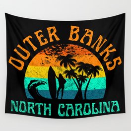 Outer Banks North Carolina Surfer OBX Girl Palm Trees Beach Surfing Vintage Wall Tapestry