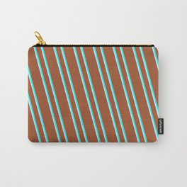 [ Thumbnail: Sienna, Cyan & Lavender Colored Lined Pattern Carry-All Pouch ]
