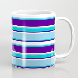 [ Thumbnail: Sky Blue, Dark Turquoise, Indigo & White Colored Lines Pattern Coffee Mug ]