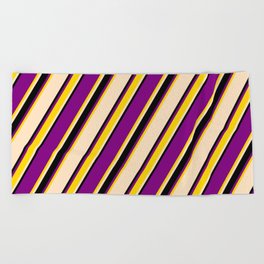 [ Thumbnail: Purple, Yellow, Bisque, and Black Colored Pattern of Stripes Beach Towel ]