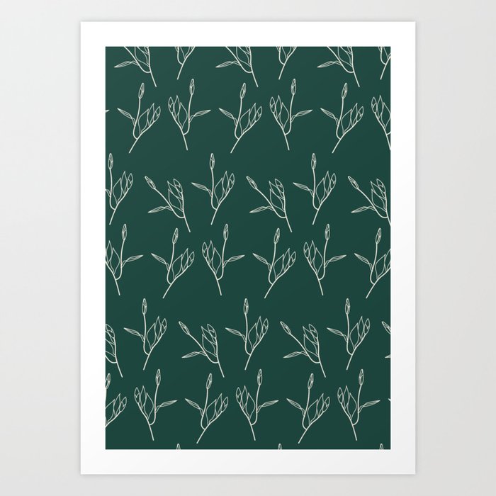 Line Art Flowers, Forest Green Pattern Art Print