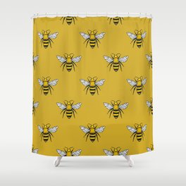 Vintage seamless pattern with yellow bees. Handdrawn design.  Shower Curtain