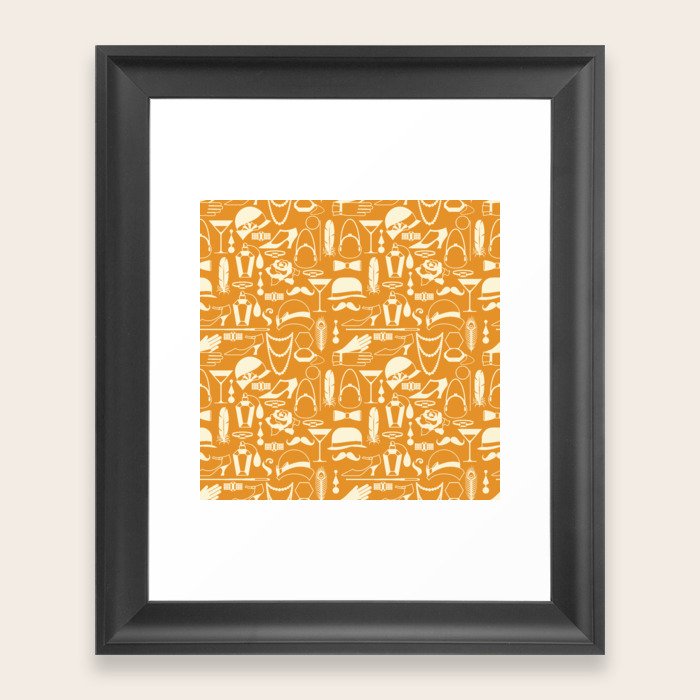 White Fashion 1920s Vintage Pattern on Orange Framed Art Print