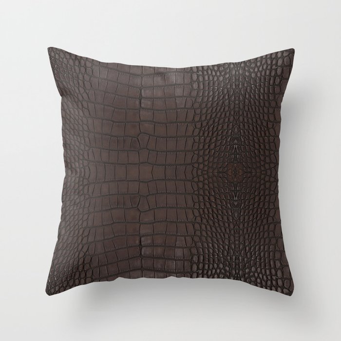 Alligator Brown Leather Print Throw Pillow