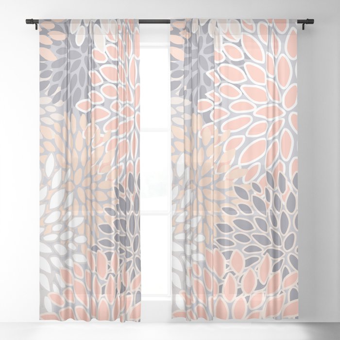 Flowers Abstract Print Coral Peach Gray Sheer Curtain