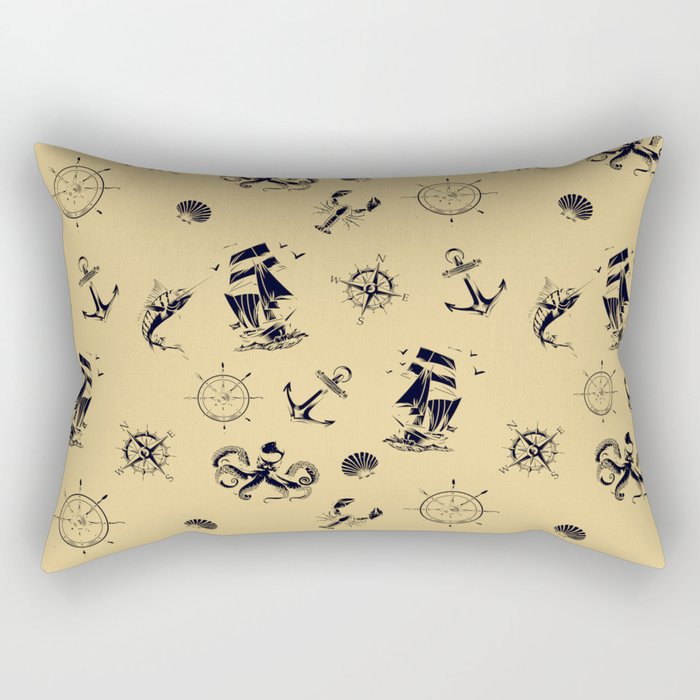 Beige And Blue Silhouettes Of Vintage Nautical Pattern Rectangular Pillow