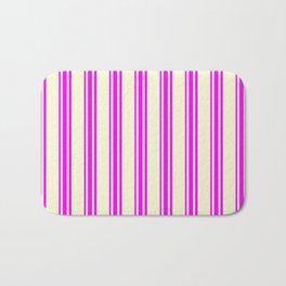 [ Thumbnail: Light Yellow and Fuchsia Colored Stripes Pattern Bath Mat ]