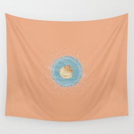 Watercolor Seashell and Blue Circle on Pastel Orange Wall Tapestry