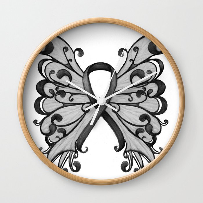 Cancer Ribbon Black with Butterfly Wings - Melanoma Wall Clock