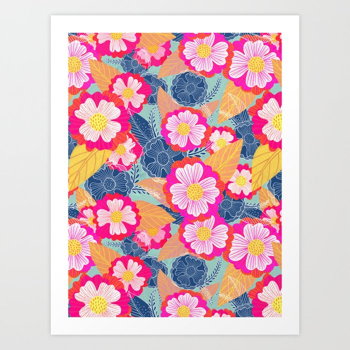 Floating flowers in pink and blue Art Print