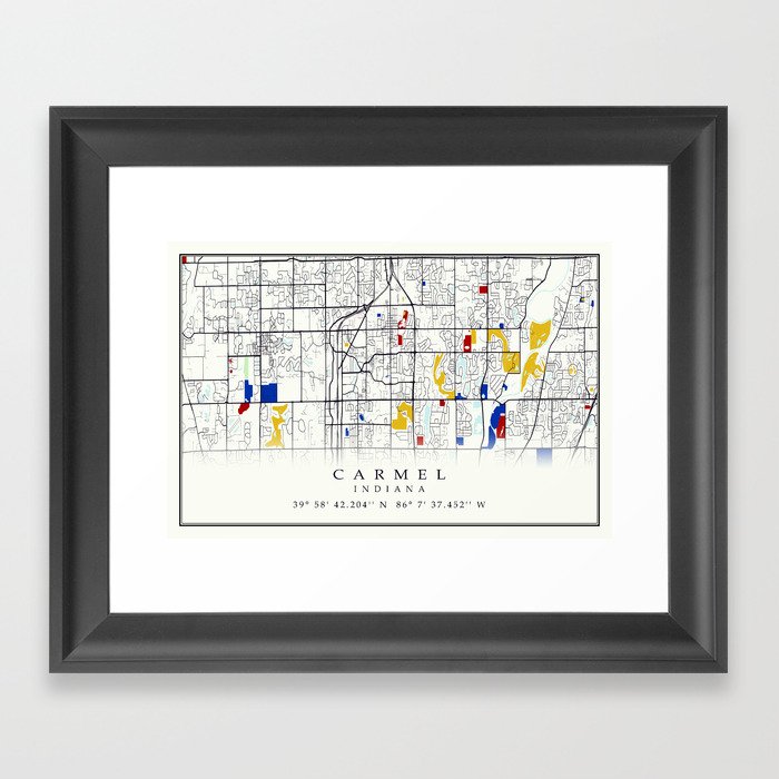 Carmel Indiana Map with GPS location Framed Art Print by VintageImagery