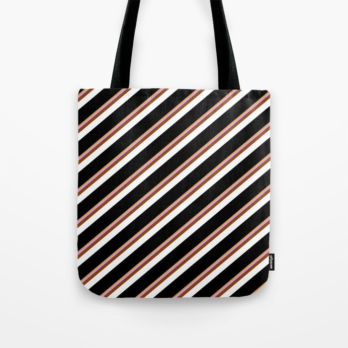 Eye-catching Goldenrod, Plum, Brown, White & Black Colored Stripes Pattern Tote Bag