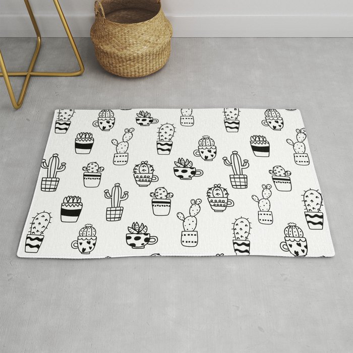 Black and White Seamless Cactus pots pattern Rug