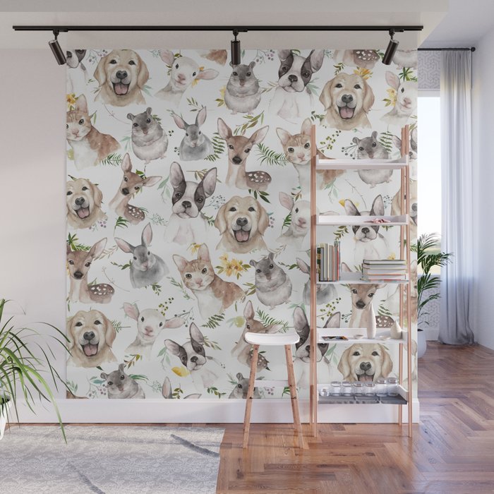 Watercolor black white brown forest animals green foliage floral  Wall Mural