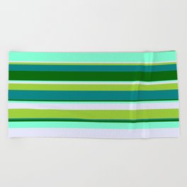 [ Thumbnail: Eyecatching Green, Teal, Dark Green, Aquamarine & Lavender Colored Striped/Lined Pattern Beach Towel ]