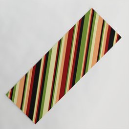 [ Thumbnail: Colorful Green, Pale Goldenrod, Brown, Dark Red & Black Colored Stripes Pattern Yoga Mat ]