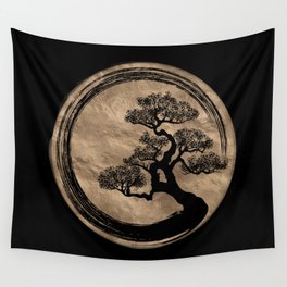 Enso Zen Circle and Bonsai Tree Gold Wall Tapestry