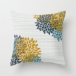 Floral Blooms and Stripes, Navy Blue, Teal, Yellow, Gray Throw Pillow