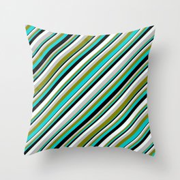 [ Thumbnail: Colorful Grey, Green, Dark Turquoise, Black, and Mint Cream Colored Lined/Striped Pattern Throw Pillow ]