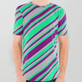 [ Thumbnail: Purple, Grey, and Green Colored Lines Pattern All Over Graphic Tee ]