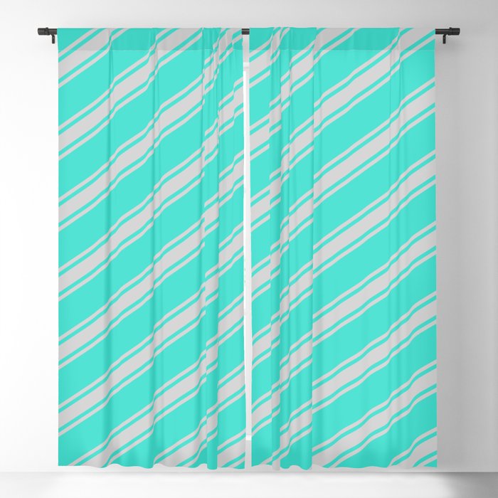 Turquoise & Light Grey Colored Stripes Pattern Blackout Curtain
