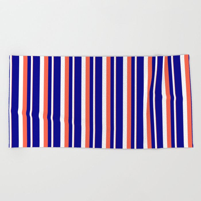 Red, White, and Dark Blue Colored Stripes Pattern Beach Towel