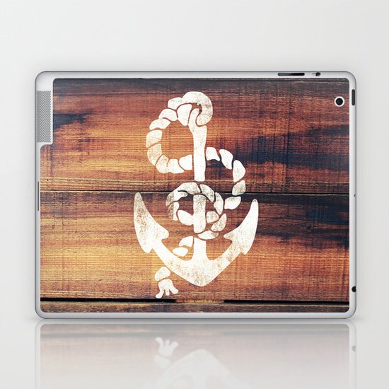 Vintage Nautical Anchor White on Brown Wood Grain Laptop & iPad Skin