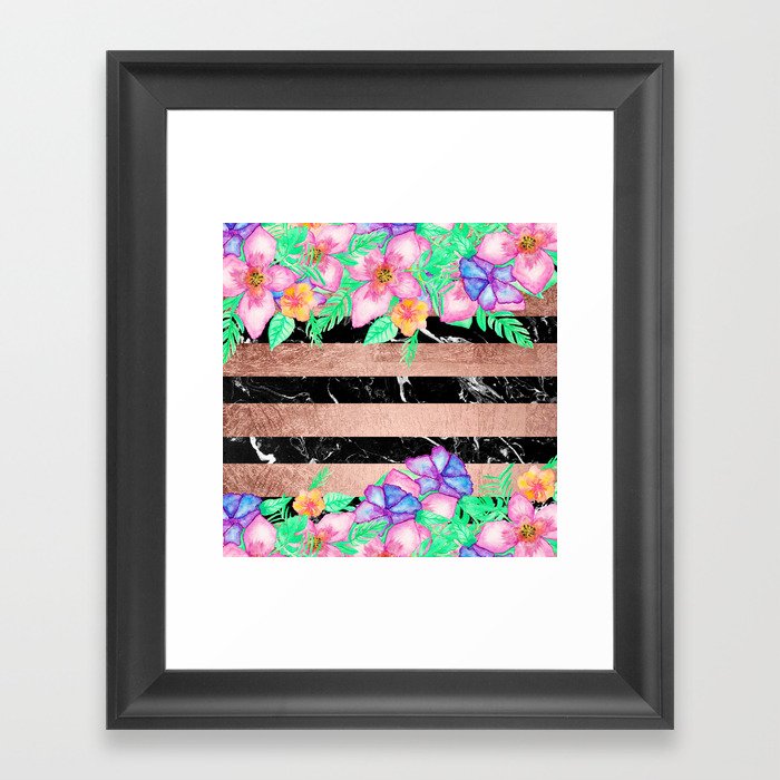 Watercolor tropical floral rose gold marble stripes  Framed Art Print