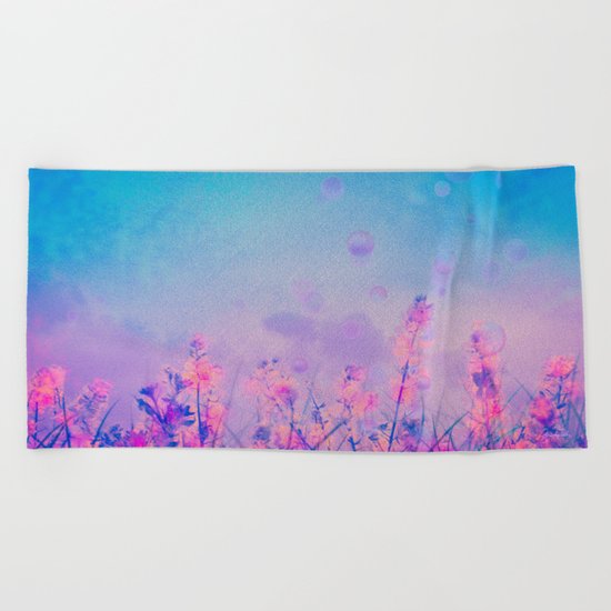 Spring Purple Dream (Neon Pink Wildflowers, Indigo Sky) Beach Towel