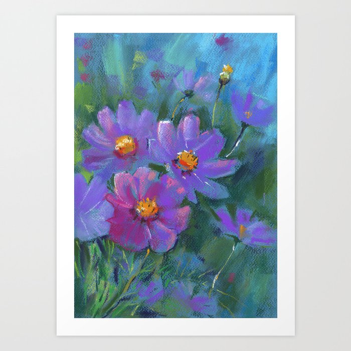 Garden Flowers Cosmos Bipinnatus Mexican Aster Pastel Painting