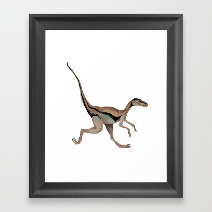 Running, brown compsognathus dinosaur Framed Art Print