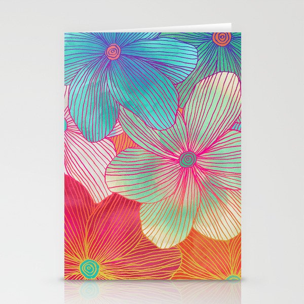Between the Lines - tropical flowers in pink, orange, blue & mint Stationery Cards