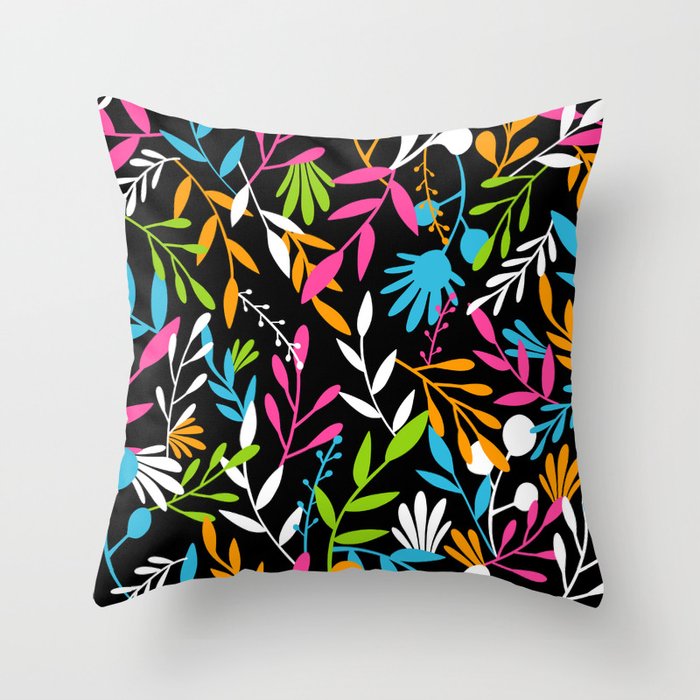 Floral seamless bright pattern design with colorful leaf element. Black background Throw Pillow