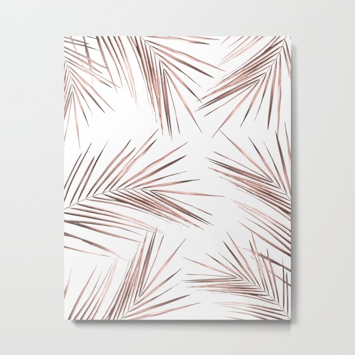 Rose Gold Palm Leaves on White Metal Print