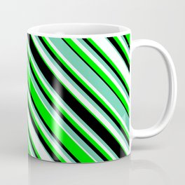 [ Thumbnail: Aquamarine, Mint Cream, Lime, and Black Colored Pattern of Stripes Coffee Mug ]