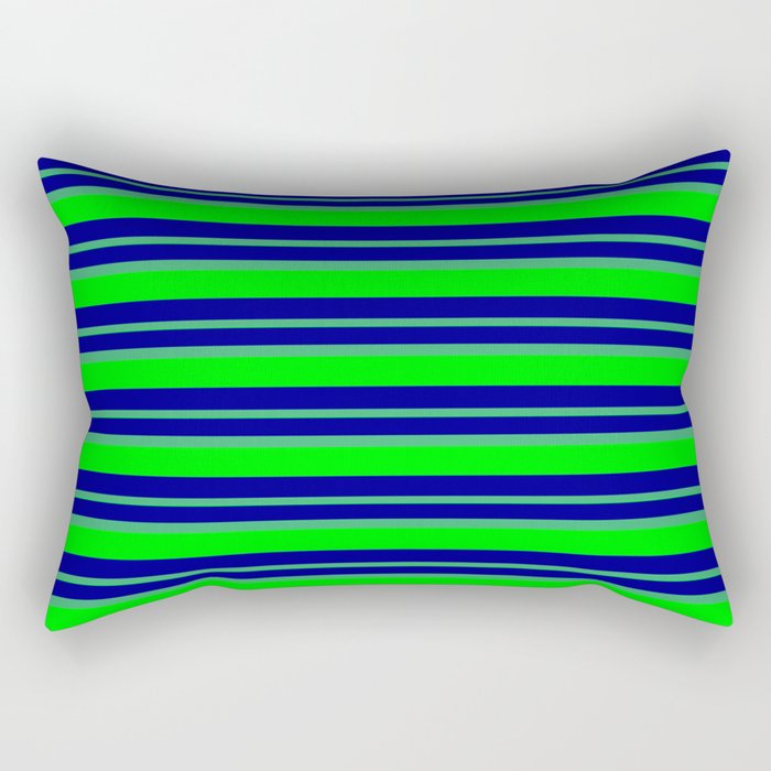 Dark Blue, Sea Green & Lime Colored Lined/Striped Pattern Rectangular Pillow