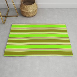 [ Thumbnail: Chartreuse, Pale Goldenrod, Green & Tan Colored Pattern of Stripes Rug ]