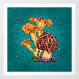 Bright morel and chanterelles mushrooms Art Print