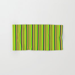 [ Thumbnail: Chartreuse, Coral, and Dark Slate Gray Colored Lines/Stripes Pattern Hand & Bath Towel ]