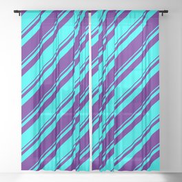 [ Thumbnail: Aqua & Indigo Colored Lined/Striped Pattern Sheer Curtain ]