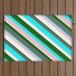 [ Thumbnail: Eyecatching Dark Green, Dim Grey, Aqua, Pink & White Colored Lines/Stripes Pattern Outdoor Rug ]