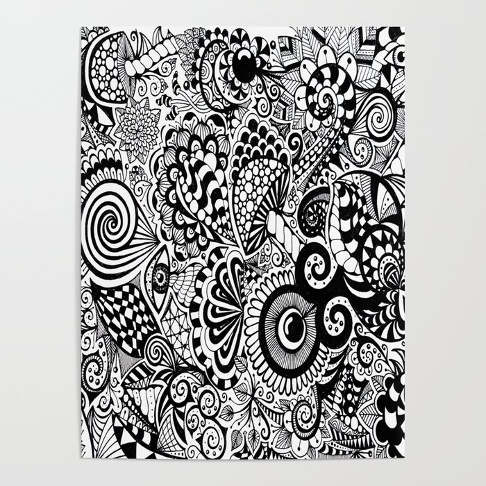Mushy Madness doodle art Black and White Poster